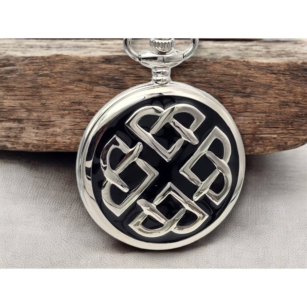 Celtic Knot Pocket Watch - Elegant Black Enamel Face with Silver Design Gift